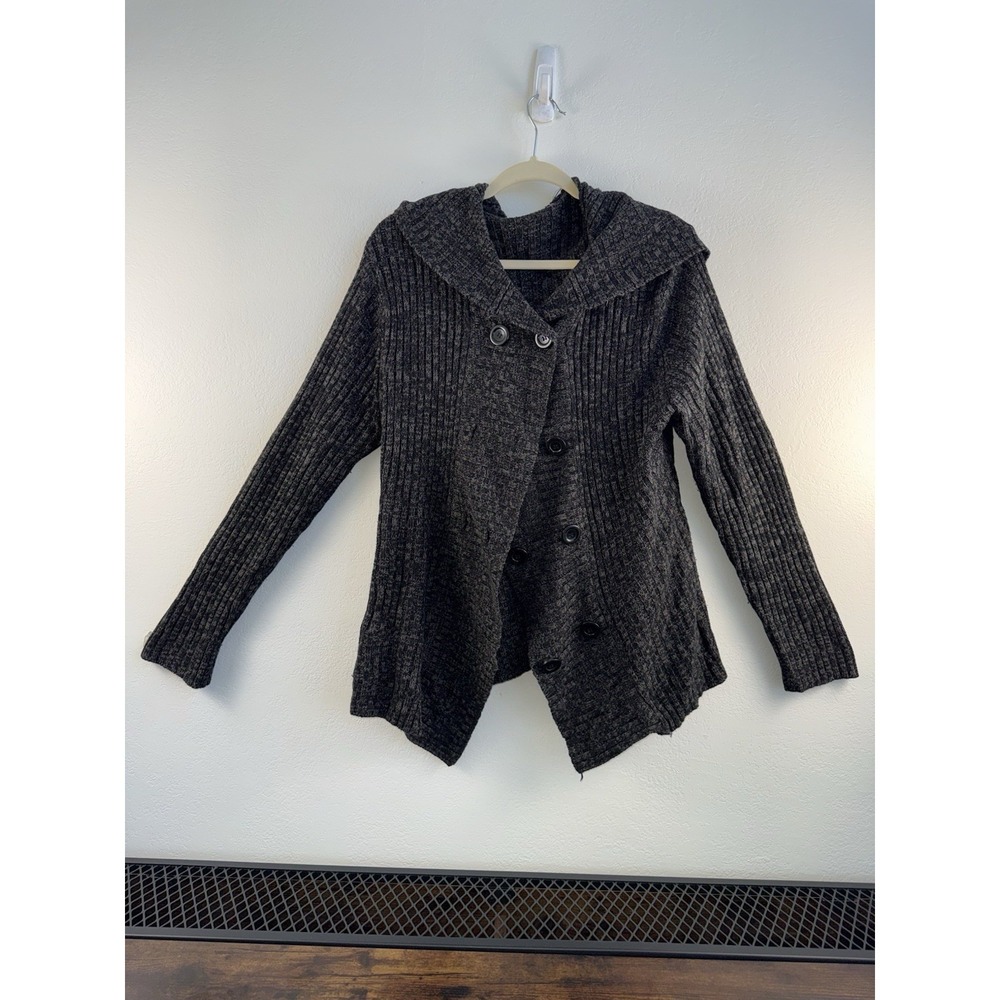 Womens Hooded Cardigan Sweater Gray Ribbed‎ Button Wrap Knit Coat Sz Large Cute